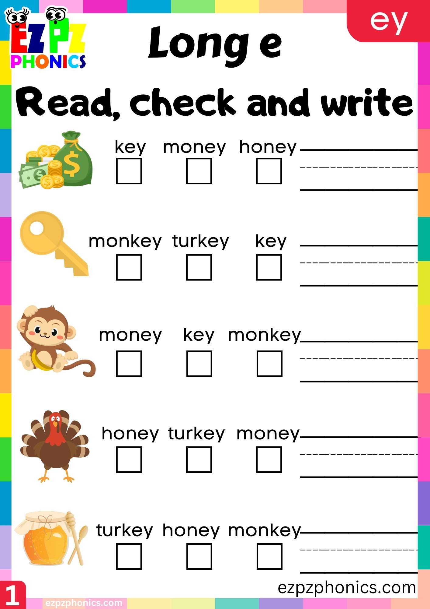 EY Words Read, Check And Write Long E Phonics Worksheet